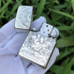 White Tara five-side sterling silver Zippo lighter – open front view showing White Tara artwork, engraved lid, and Zippo insert