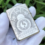 White Tara five-side sterling silver Zippo lighter – reverse view of the mantra wheel and layered sacred geometry