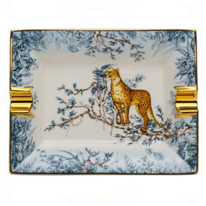 LUBINSKI Painted Two Slot Cigar Snow Leopard Ceramics Ashtray
