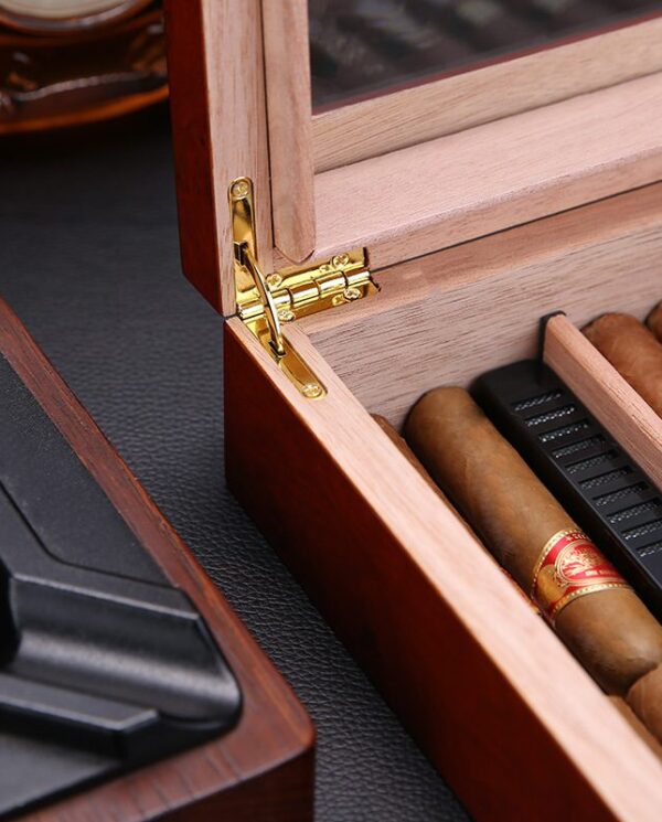 Open wooden cigar humidor with several cigars arranged in a divider and a brass hinge.