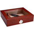 Wooden cigar humidor with glass lid, inner tray and a front-mounted hygrometer (humidity gauge).