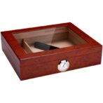 Wooden cigar humidor with glass lid, inner tray and a front-mounted hygrometer (humidity gauge).