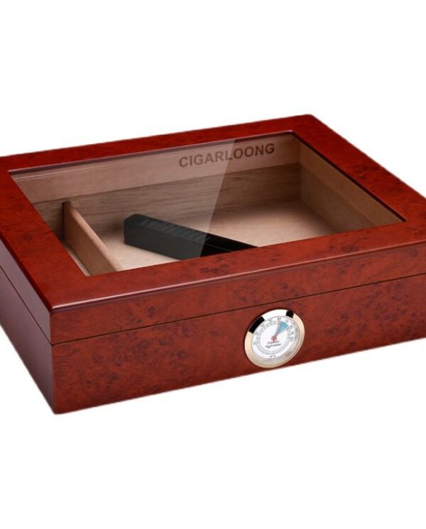 Wooden cigar humidor with glass lid, inner tray and a front-mounted hygrometer (humidity gauge).