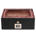 Cigar humidor with glass lid, wood trim, and a digital humidity display reading 67%.