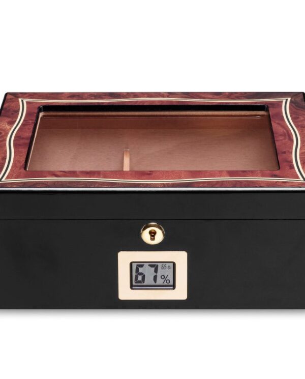 CH024-01 Cigar humidor with glass lid, wood trim, and a digital humidity display reading 67%.