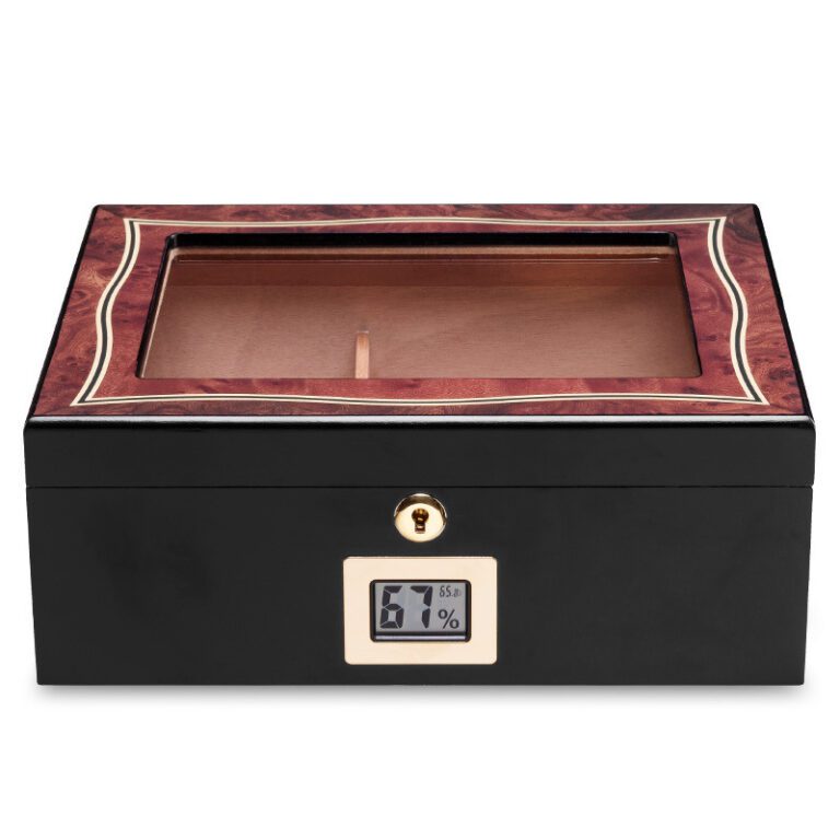 Cigar humidor with glass lid, wood trim, and a digital humidity display reading 67%.