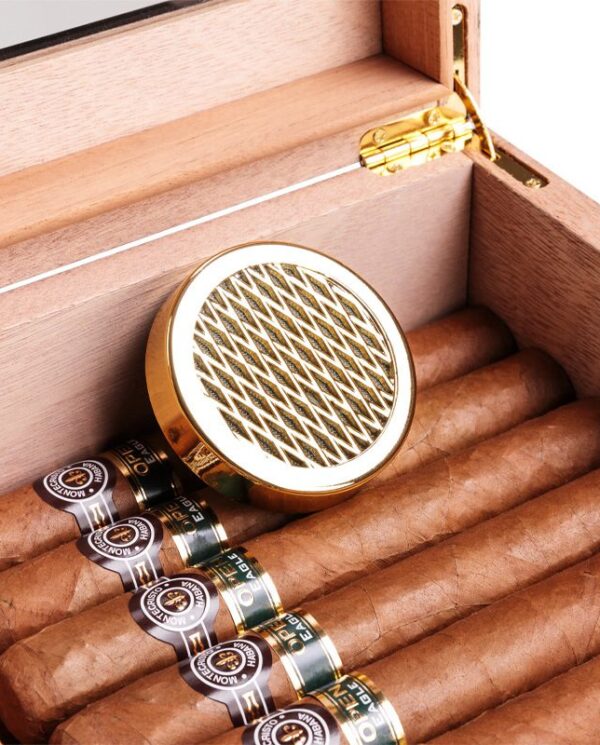 CH024-04 Open wooden cigar humidor with five cigars lined up and a gold circular humidifier resting inside.