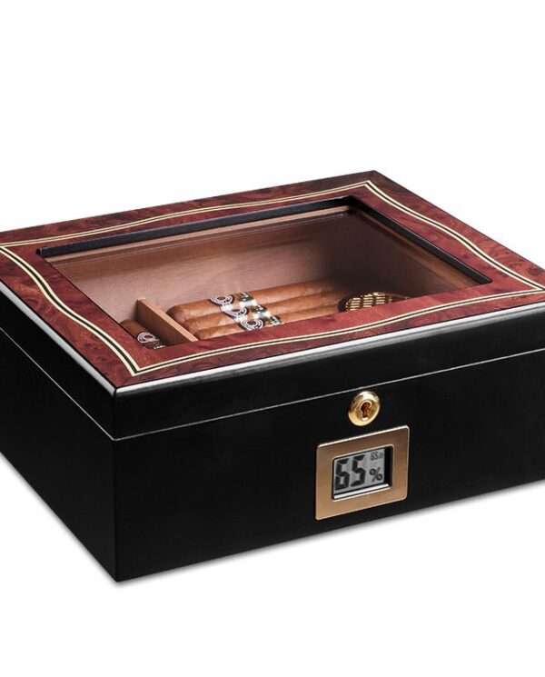 CH024 Cigar humidor with a glass lid, wood finish, and cigars inside, displaying a digital humidity gauge on the front.