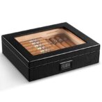 Black carbon-fiber textured cigar humidor with a glass lid showing cigars inside