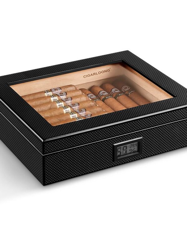 CH025-04 Black carbon-fiber textured cigar humidor with a glass lid showing cigars inside