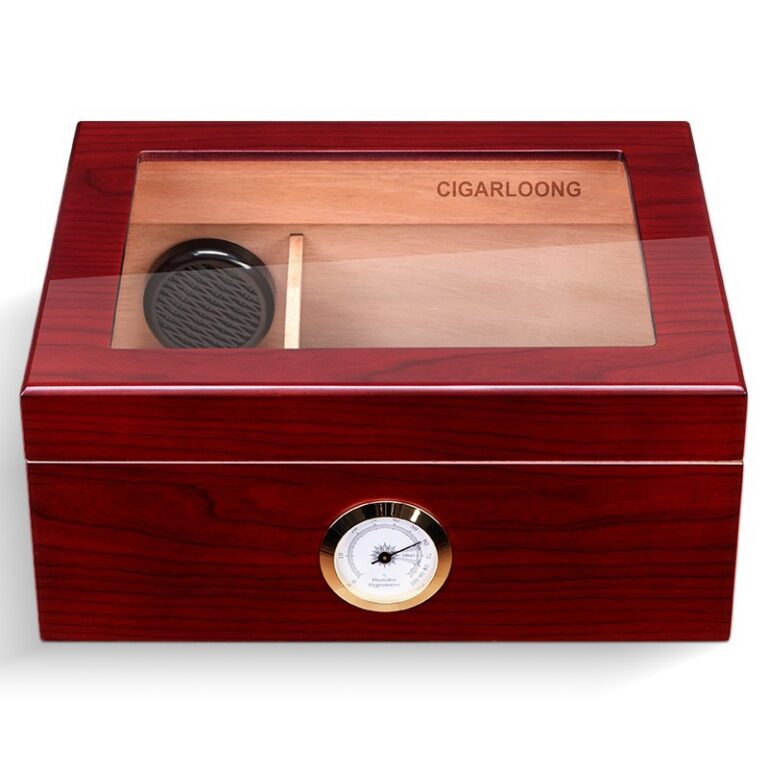 Wooden cigar humidor with a glass lid and a round hygrometer on the front panel.