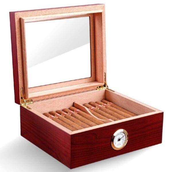 CH026-02 Wooden cigar humidor with open lid, rows of cigars inside, and a round hygrometer on the front.