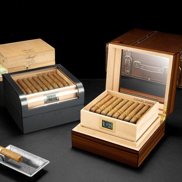 CH027-01 Luxury wooden cigar humidor with glass lid, open to reveal neatly packed cigars and a digital humidity gauge reading around 70%.