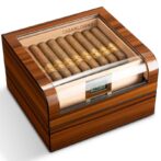 Wooden cigar humidor with a glass lid, holding twelve cigars and a small digital display on the front.