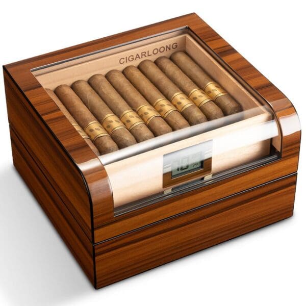 CH027-02 Wooden cigar humidor with a glass lid, holding twelve cigars and a small digital display on the front.