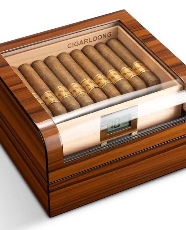 CH027-02 Wooden cigar humidor with a glass lid, holding twelve cigars and a small digital display on the front.