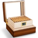 Open wooden cigar humidor displaying a tray of cigars and a digital humidity readout at 70%.