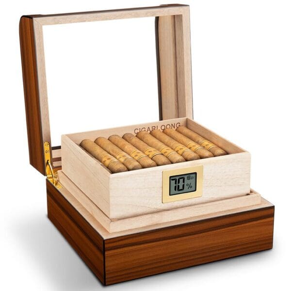 CH027-03 Open wooden cigar humidor displaying a tray of cigars and a digital humidity readout at 70%.