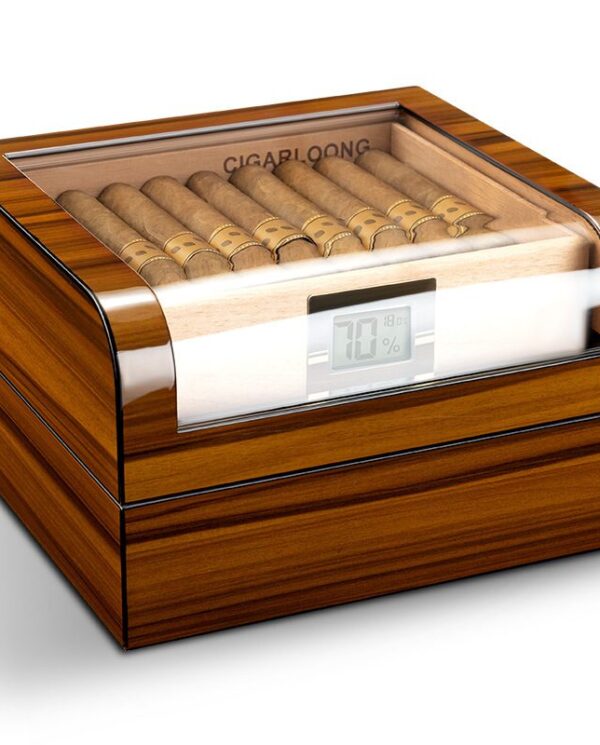 CH027-04 Wooden cigar humidor with a glass lid, cigars lined up inside, and a digital humidity display on the front.