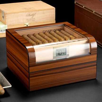 CigarLoong vintage cedar glass-top humidor with digital hygrometer