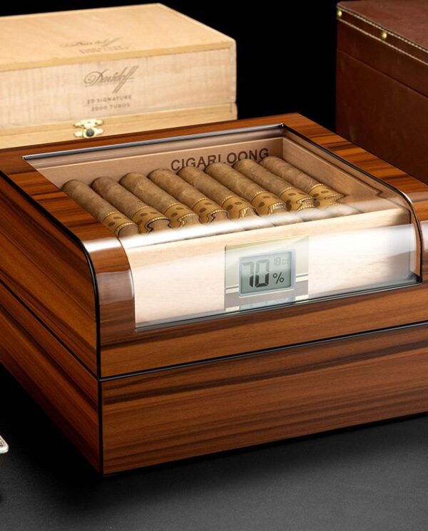 CH027 Wood cigar humidor with cigars neatly arranged inside and a digital humidity gauge on the front