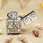 Open silver-plated Zippo Armor lighter showing an alternate view of the White Tara artwork