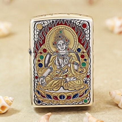 Silver-plated Zippo Armor lighter with engraved White Tara artwork and gold inlay