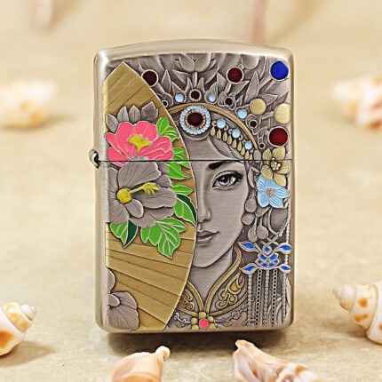 Silver-tone Zippo Armor lighter with an engraved Eastern Beauty portrait and enamel accents