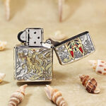 Open silver-plated Zippo Armor lighter showing an alternate view of the fox artwork