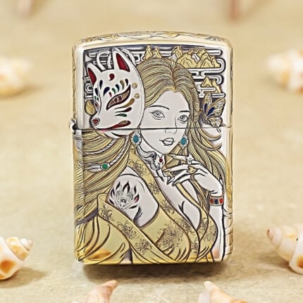Silver-plated Zippo Armor lighter with engraved nine-tailed fox artwork and gold inlay