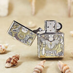 Open Female Warriors Zippo Armor lighter showing the windproof insert and front artwork