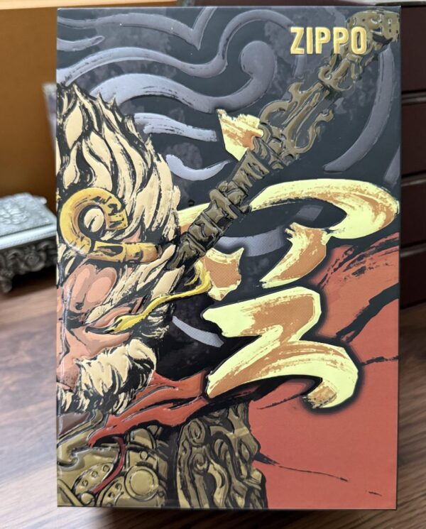Zippo branded box featuring bold fantasy artwork with a horned armored warrior wielding a flaming sword against a dark red background