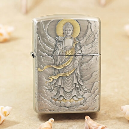 Smoked-silver Zippo Armor lighter with Tathagata Buddha artwork and gold accents