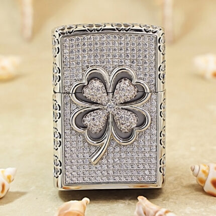 Zippo Silver-Tone Four-Leaf Clover Full Crystal Jacket Lighter
