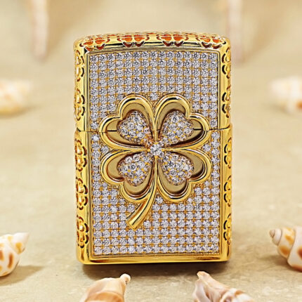Zippo Gold-Tone Four-Leaf Clover Full Crystal Jacket Lighter