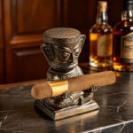 CigarLoong CS-012 ceramic figure cigar rest holding a cigar in a lounge setting