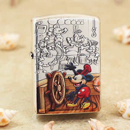Silver-plated Zippo Armor lighter with Mickey Mouse engraving and gold inlay