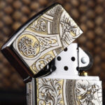 Gothic engraving detail on the Four Horsemen Zippo lighter