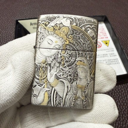 Silver-plated Zippo Armor lighter with Guanyin Bodhisattva engraving and gold inlay