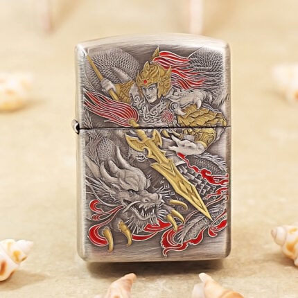 Smoked-silver Zippo Armor lighter with engraved Zhao Yun artwork and gold accents