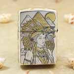 Native American chief portrait engraved on a silver Zippo Armor lighter