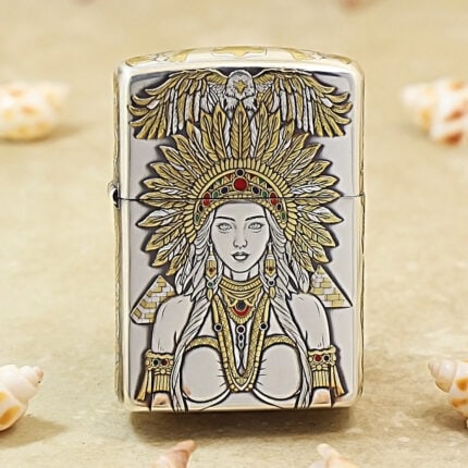 Silver-plated Zippo Armor lighter with Native American chief engraving and gold inlay