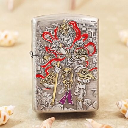 Smoked-silver Zippo Armor lighter with engraved Monkey King lacquer artwork
