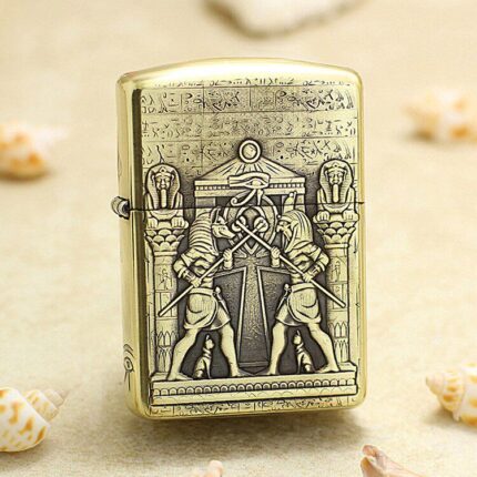 Brass Zippo Armor lighter with engraved Egyptian pharaoh artwork