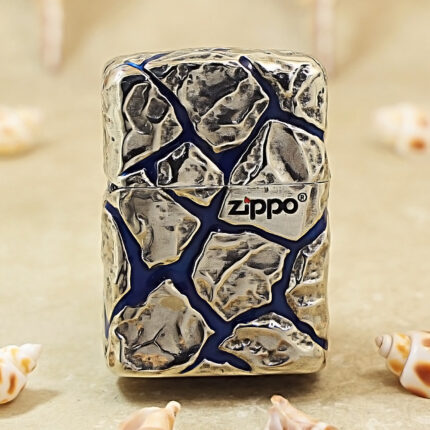 Zippo Etched Silver-Tone Cracked Stone Inlay Jacket Lighter