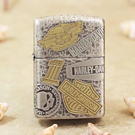 Zippo Armor hammered silver Harley-Davidson emblem lighter, front view