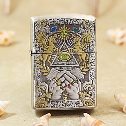 Zippo Armor silver prosperity lighter with gold accents, front view
