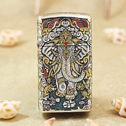 Zippo Slim six-tusked white elephant lighter with enamel and gold-plated jacket