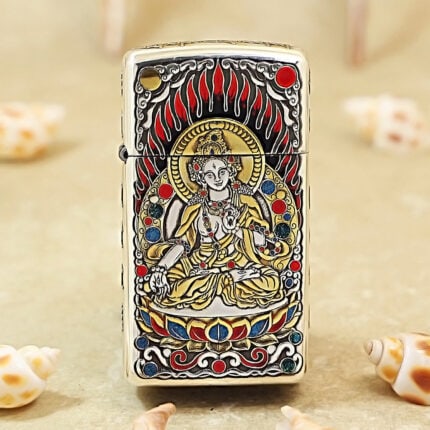 Zippo Slim White Tara lighter with enamel and a gold-plated decorative jacket