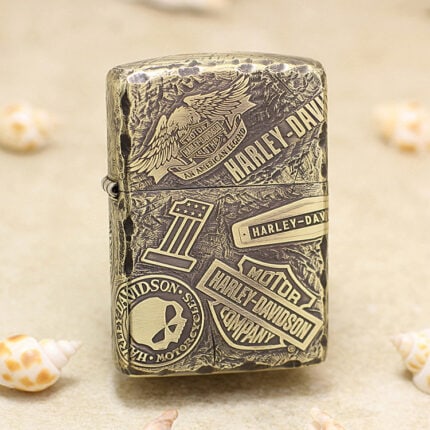 High-polish brass Zippo Armor lighter with five-side Harley-Davidson engraving